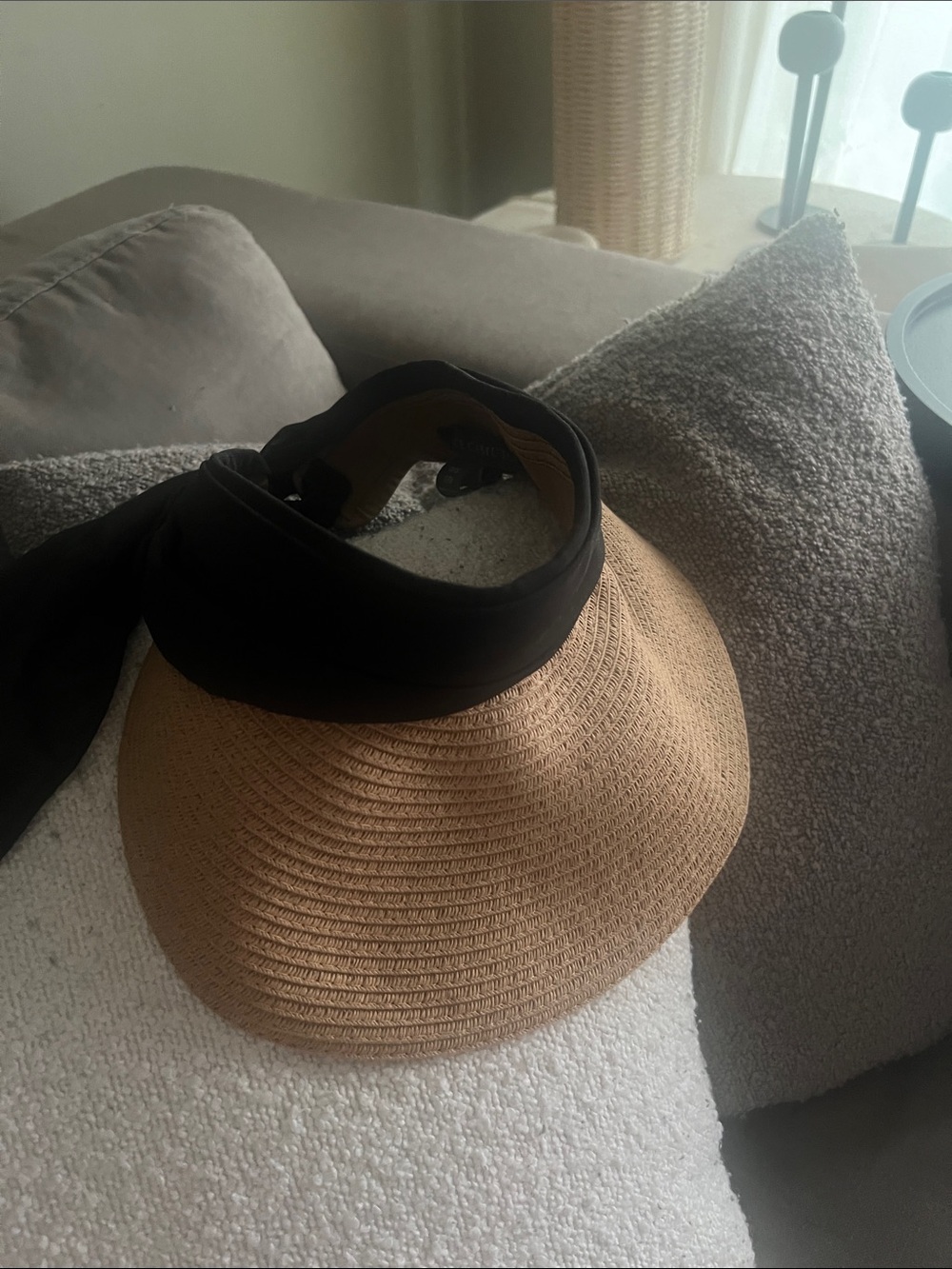 Vince Camuto Woven Straw Visor with Black Scarf Trim